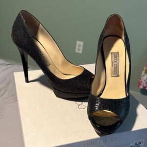 Jimmy Choo Glittering Black Peep Toe Heels